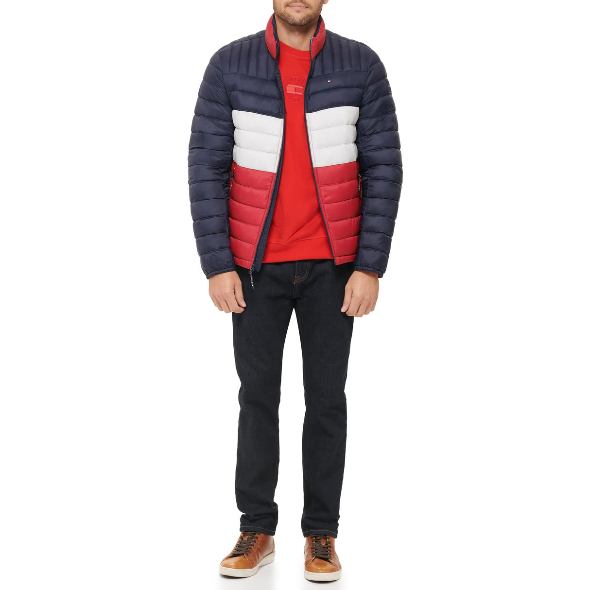 Tommy Hilfiger Ultra Loft Lightweight Packable Puffer Jacket (Standard and Big & Tall) Abrigo Alternativo de plumón, Midnight/Ice/Red Colorblock, L Alto para Hombre