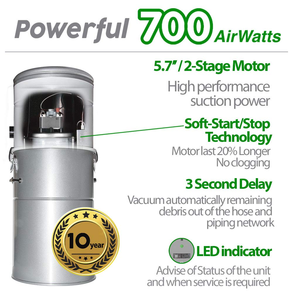 OVO 700 Airwatts-Sistema de vacío Central de Alta Resistencia, filtración híbrida (con o sin Bolsas Desechables) Cubo de Polvo de Carga Inferior de 35 L o 9.25 galones, Blanco