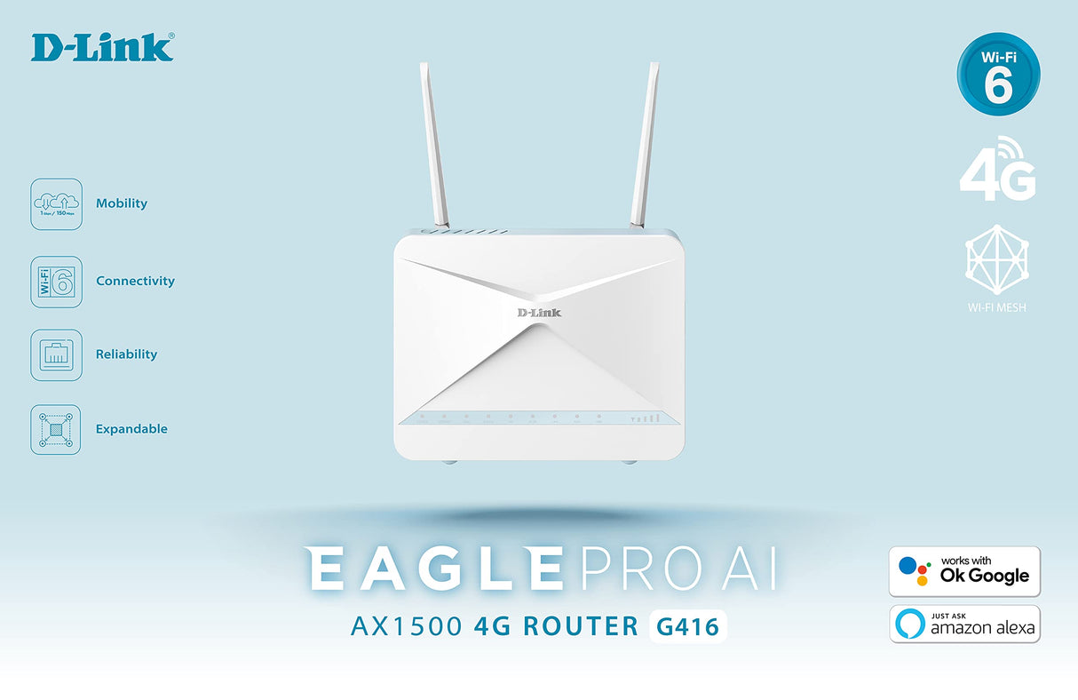Router 4G D-Link G416/E, 4G+ LTE Cat 6 300Mbps, Wi-Fi 6 1500 Mbps, WiFi Mesh Inteligente, Optimizador tráfico, Puertos Gigabit, Control Desde App, WPA3, Control Voz Alexa/Google