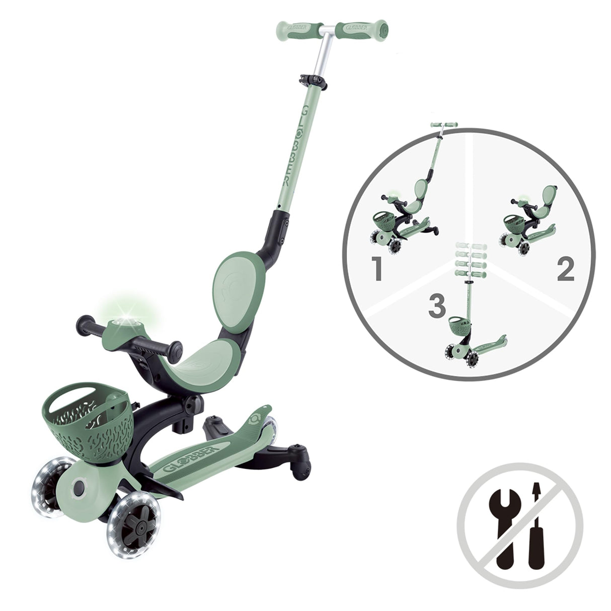 Globber GO•UP Baby 360 Lights - Patinete escalable de 3 Ruedas con Asiento y Respaldo para niños de 15 Meses a 6 años, Verde Salvia