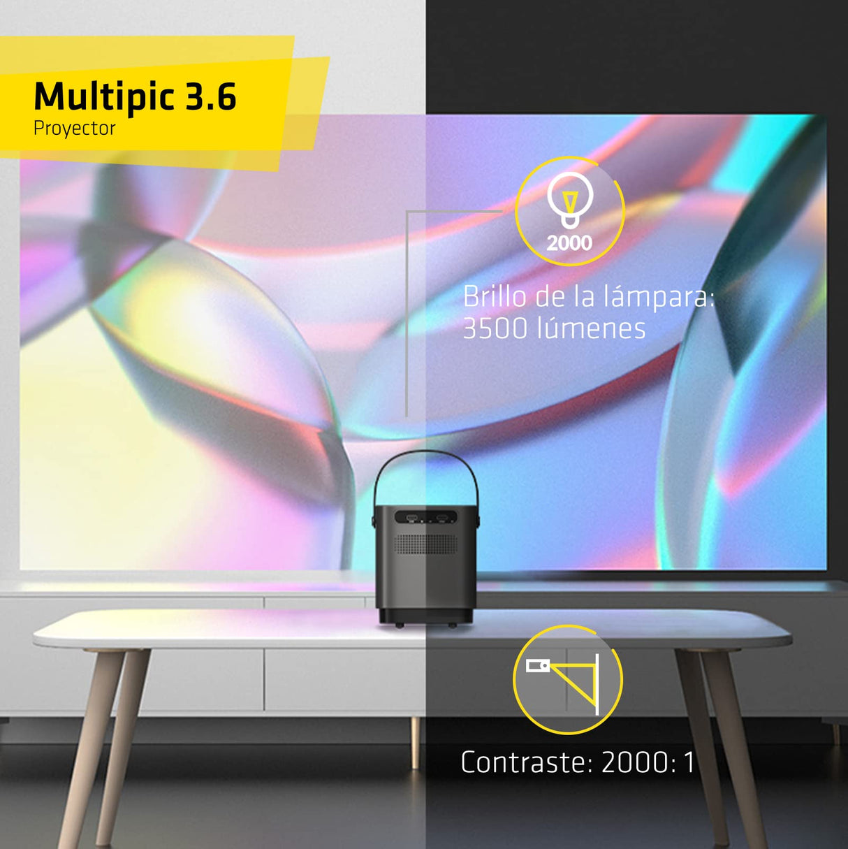 OVERMAX Multipic 3.6 Proyector, proyector portátil de hasta 150", Home Cinema HD 720p, 3500 lúmenes, WiFi, relación de Aspecto: 16:9, 4:3, 2 Altavoces estéreo, HDMI, USB, AV, Salida DE Audio, IR