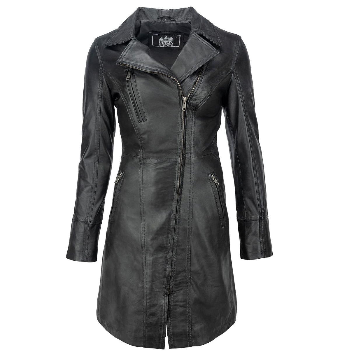 URBAN 5884 JANICE Ladies | Chaqueta de Cuero Mujer |Elegante Chaqueta de Piel de Cordero Suave para Mujeres | Modelo largo | Negro | M