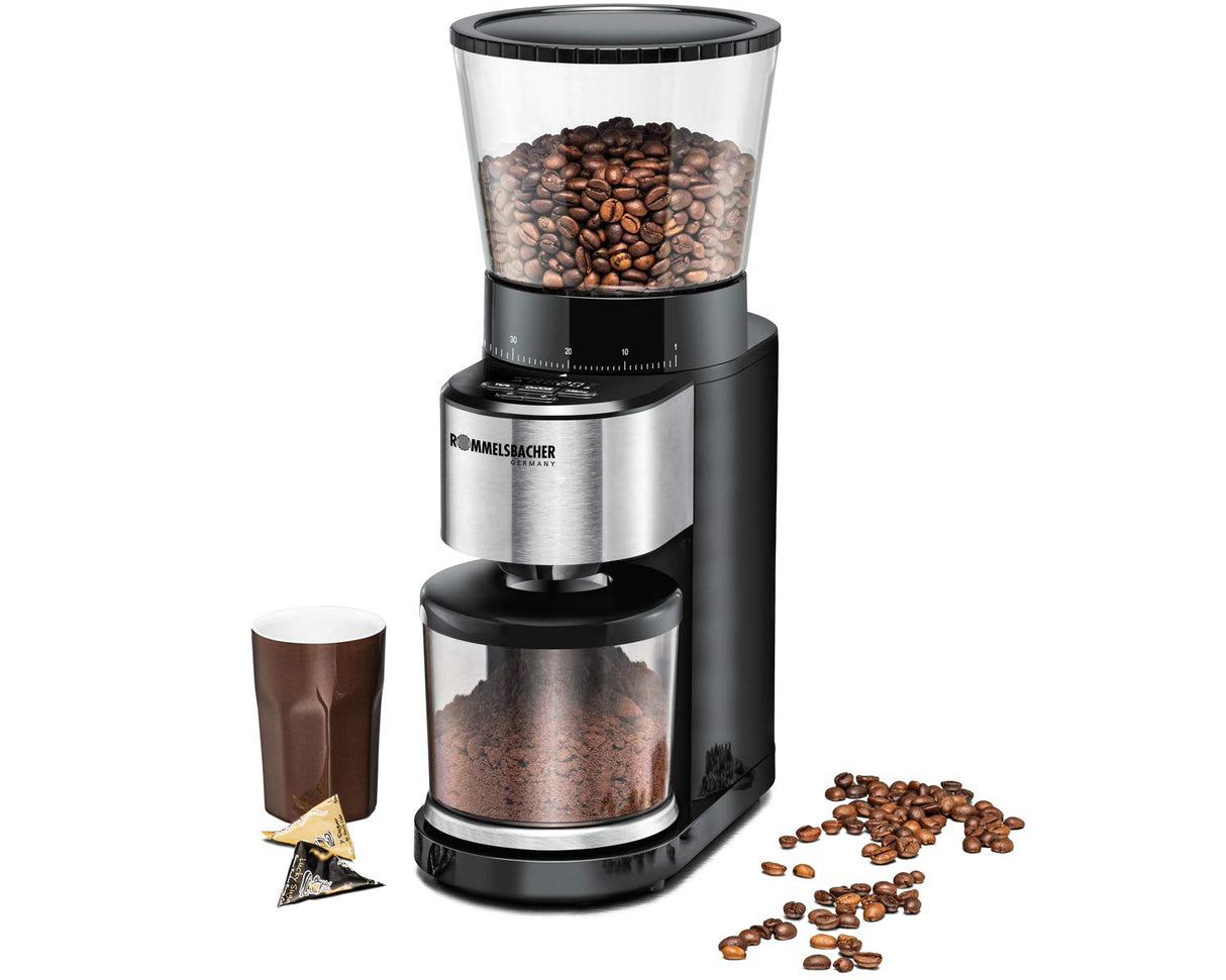 ROMMELSBACHER Molinillo de café EKM 500, mecanismo cónico, báscula de precisión, soporte para filtro, grado de molienda en 39 niveles, 5 teclas de función para uso individual y flexible