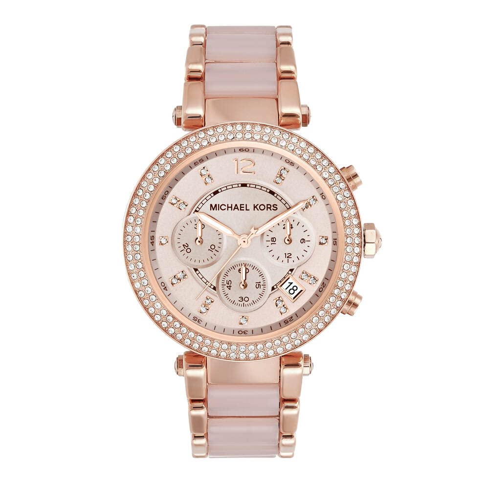 Michael Kors - Reloj Parker cronógrafo de Cuarzo con Correa de Acero Inoxidable en Tono Oro Rosa con eslabones centrales de Acetato ruborizado para Mujer MK5896