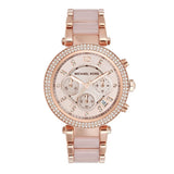 Michael Kors - Reloj Parker cronógrafo de Cuarzo con Correa de Acero Inoxidable en Tono Oro Rosa con eslabones centrales de Acetato ruborizado para Mujer MK5896