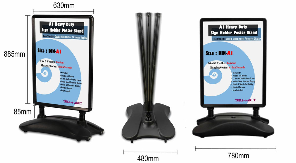 TUKA-i-AKUT DIN A1 Soporte para Carteles, Doble Cara, Robusto Expositor de Póster con Ruedas y Marco de Aluminio, Base Resistente, Soporte Publicitario Estable Interiores y Exteriores, TKD8425 Negro