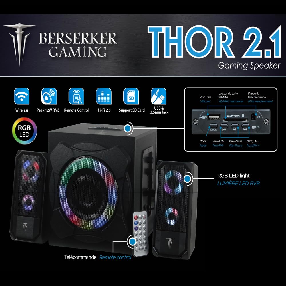 BERSERKER Thor Altavoces 2.1 con Iluminación RGB, 55W RMS, Bluetooth/USB/AUX, Negro