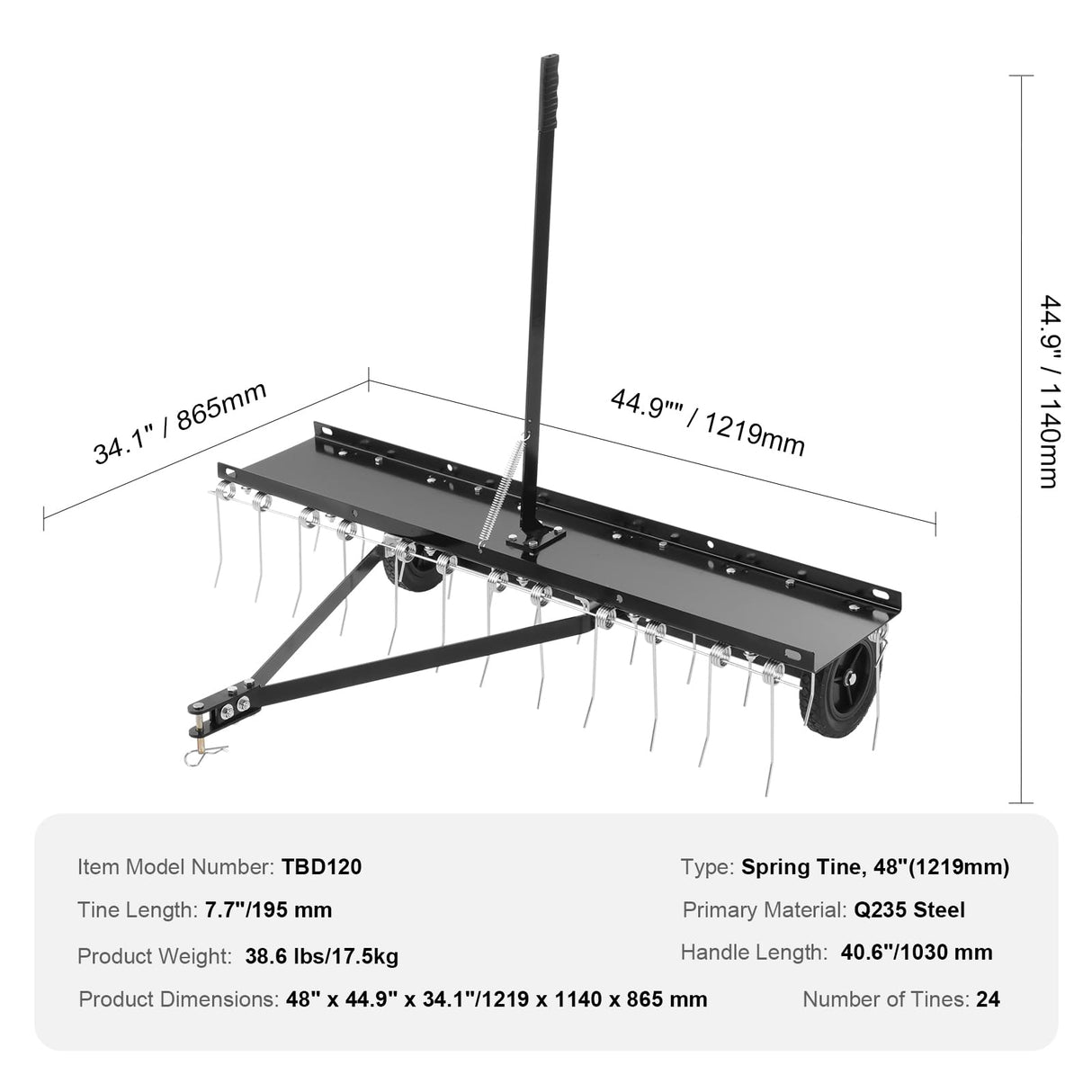 VEVOR Cortacéspedes de Remolque detrás de 1219 x 1140 x 865 mm con 24 Púas de Acero con Resorte, Rastrillo de Césped para ATV o Cortacésped, con Mango de Elevación para Césped de Granja de Jardín