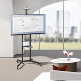 Maclean Soporte para TV sobre ruedas 37-70″ | Carrito móvil con 2 estantes ajustables en altura, estante para cámara VESA 600 × 400, gestión de cables | capacidad de carga 45 kg | acero negro | MC‑113