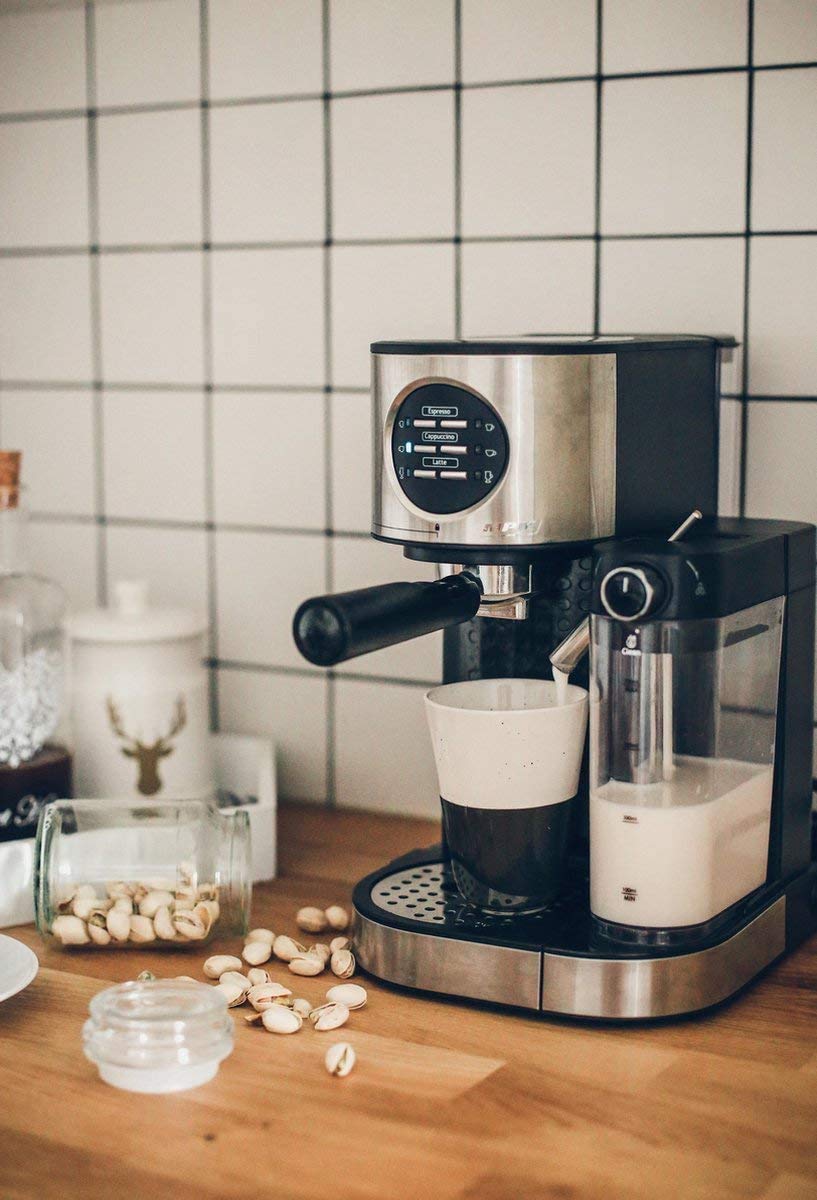 MPM MKW-07M Cafetera Express 15 Bares, para Realizar café Espresso y Cappuccino, depósito Calentar Leche 0,7 litros, calienta Tazas,Acabado Acero Inoxidable, depósito de Agua 1,2 L Desmontable, 1470W