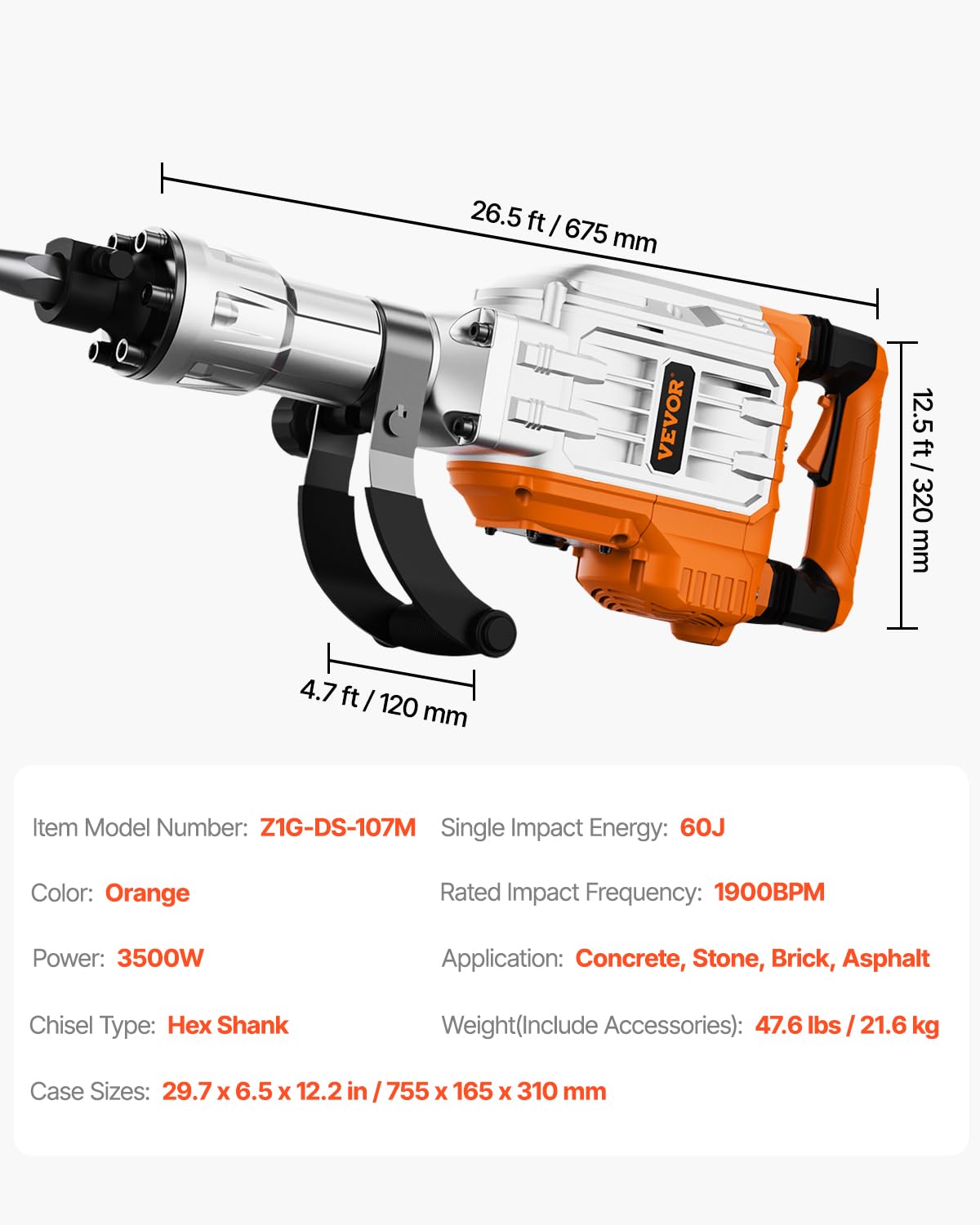 VEVOR Martillo de Demolición 3500W 60J 1900BPM Martillo Eléctrico con Cable 1-1/8" con 2 Cinceles Reemplazables Mango Giratorio 360° Rompe Hormigón Antivibración para Cincelar Construcción Fontanería
