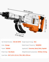 VEVOR Martillo de Demolición 3500W 60J 1900BPM Martillo Eléctrico con Cable 1-1/8" con 2 Cinceles Reemplazables Mango Giratorio 360° Rompe Hormigón Antivibración para Cincelar Construcción Fontanería