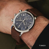 Timex Marlin Chronograph - Reloj de 40 mm para hombre, correa de liberación rápida de cuero marrón, esfera azul, caja de acero inoxidable TW2W10200