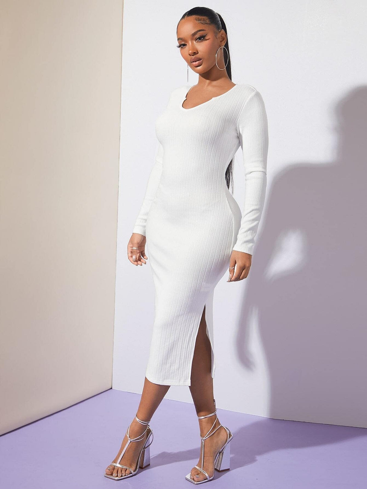 Solid Split Back Bodycon Dress (Color : White, Size : X-Small)