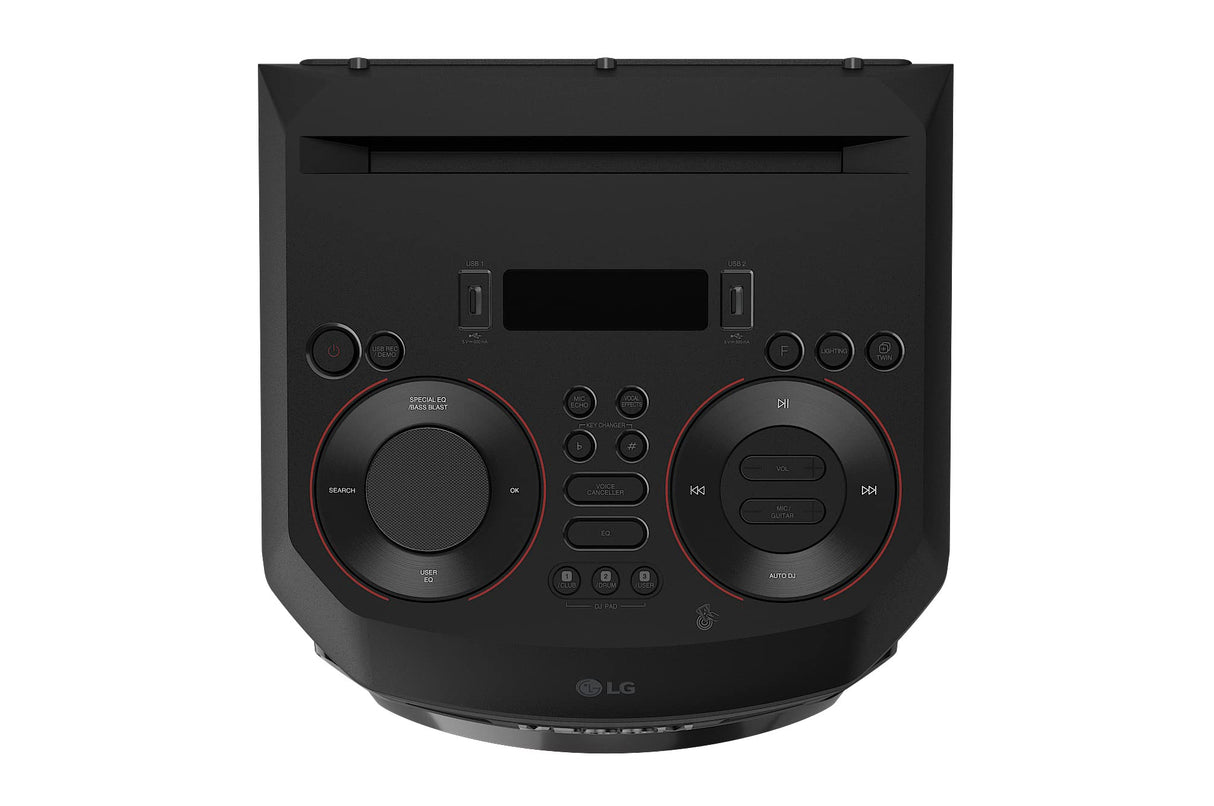 LG XBOOM RNC9, Altavoz de Gran Potencia, Bluetooth, USB, Funciones DJ, Karaoke, Iluminación LED Multicolor, Amplia Conectividad, 4 Altavoces, Color Negro