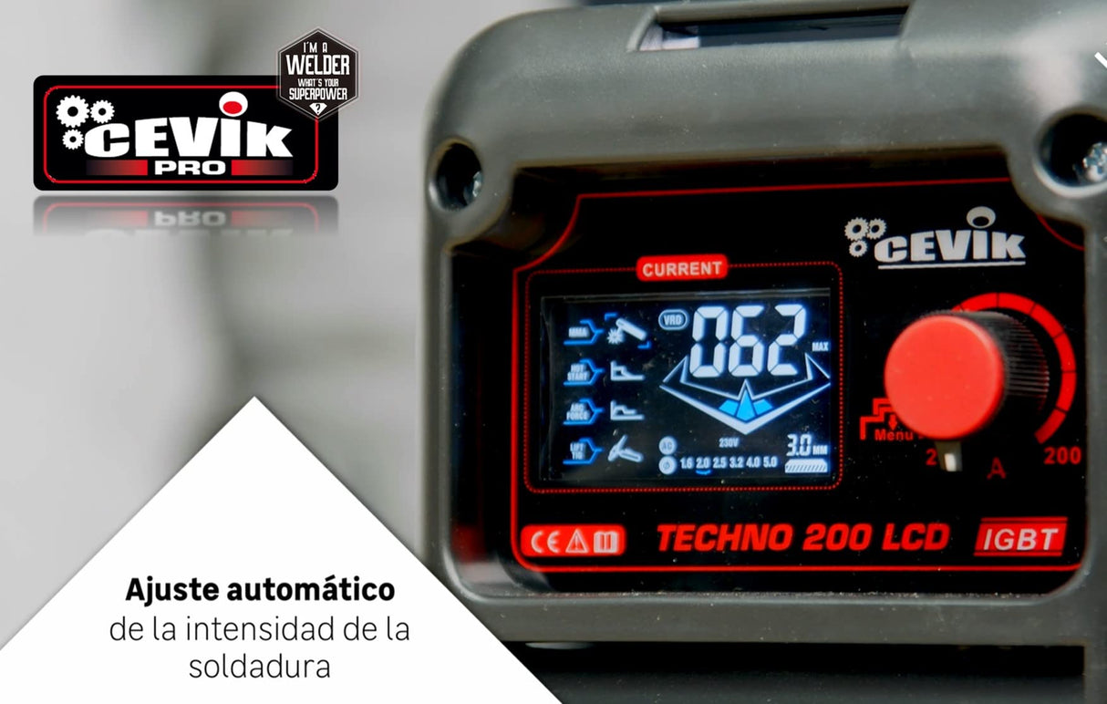 Cevik PRO CE-TECHNO200LCD Soldador Inverter 200A Pantalla LCD para Electrodos MMA Incluye Kit Soldadura