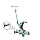 Globber - GO•UP Deluxe Lights Eco 360 - Patinete evolutivo de 3 Ruedas con Asiento Giratorio 360°, reposapiés, Luces LED y Materiales sostenibles, de 15 Meses a 6 años - Verde Pistacho