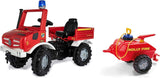 Rolly Toys Fire Unimog 038275 - Camión de Bomberos edición 2020 con Remolque (Coche a Pedales de 3 a 8 años, jeringuilla, Intermitente, Cambio de Marchas, Freno)