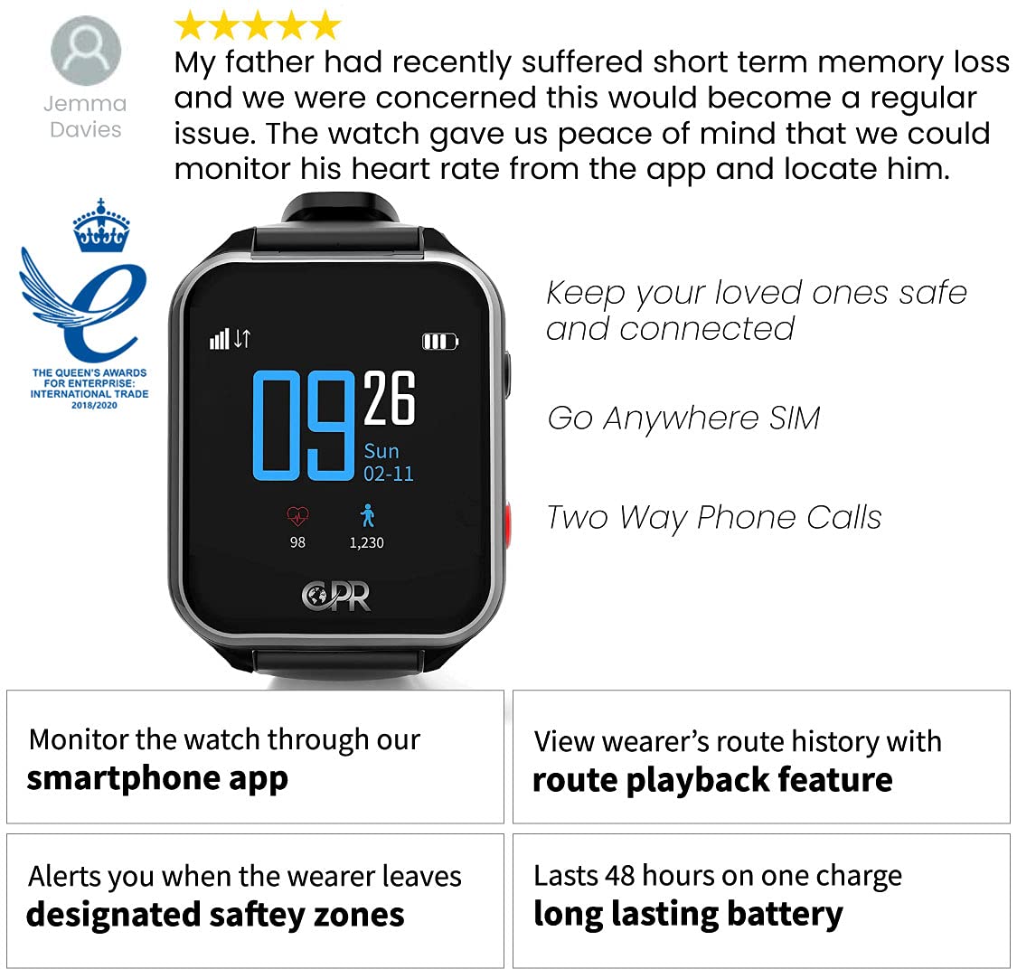 CPR Guardian III - Reloj de Alarma Personal SOS con detección de Alerta de caída y Seguimiento de ubicación por GPS (Negro)