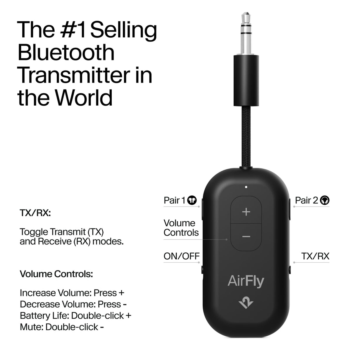 AirFly Pro 2 - Adaptador Bluetooth para avión, par 2 AirPods o Auriculares inalámbricos - Transmisor y Receptor Bluetooth AUX de 3,5 mm para Coches, Barcos, Cintas de Correr, televisores, Esenciales