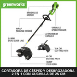 Greenworks 40V Desbrozadora a Batería, Motor sin Escobillas, Arnés, Altura Regulable, Ancho Corte 40 cm, Hilo Nylon 2 mm o Cuchilla 25 cm, 2 x Baterías 40 V y Cargador, 3 Años de Garantía GD40BCK2X