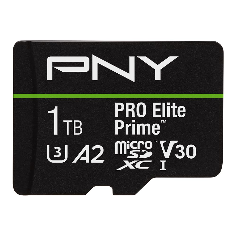 PNY Tarjeta microSDXC 1TB Pro Elite Prime Class 10 U3 V30 A2 + Adaptador SD - hasta 200MB/s, Class 10, U3, V30, A2, 4K UHD, Full HD, UHS-I
