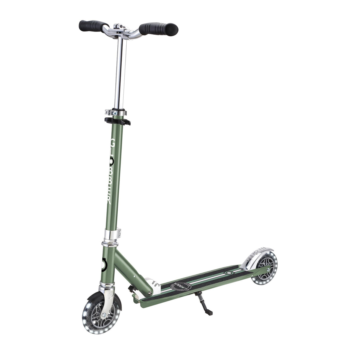 Globber - Flow Element Lights - Patinete Plegable de 2 Ruedas con luz LED, Freno Trasero y Manillar Ajustable, Desde los 5 años, para niños y Adolescentes - Verde Oliva