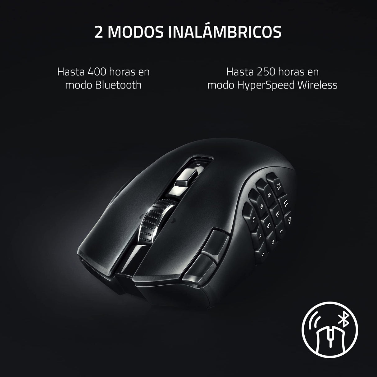 Razer Naga V2 HyperSpeed - Ratón Inalámbrico Ergonómico para Juegos MMO, 19 Botones Programables, Hyperspeed, hasta 250 Horas de Duración De La Batería, Sensor Óptico Focus Pro 30K, Negro