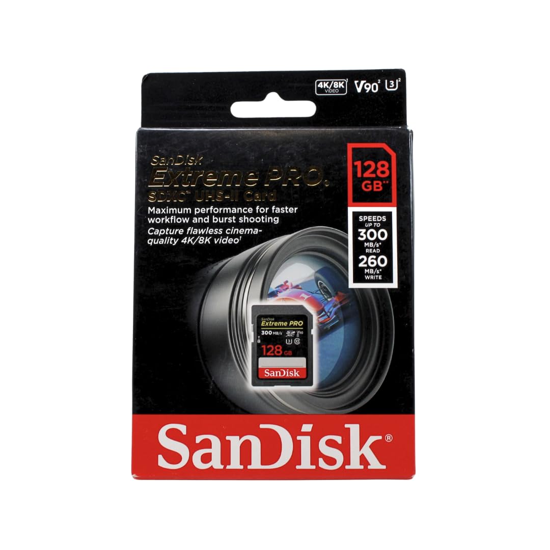 SanDisk Extreme PRO Tarjeta SD 128 GB SDXC, SD Card 8K, 4K y Full HD Video, UHS-II, V90, hasta 300 MB/s, Prueba de golpes, temperatura, agua y rayos X + RescuePro Deluxe, Class 10, U3