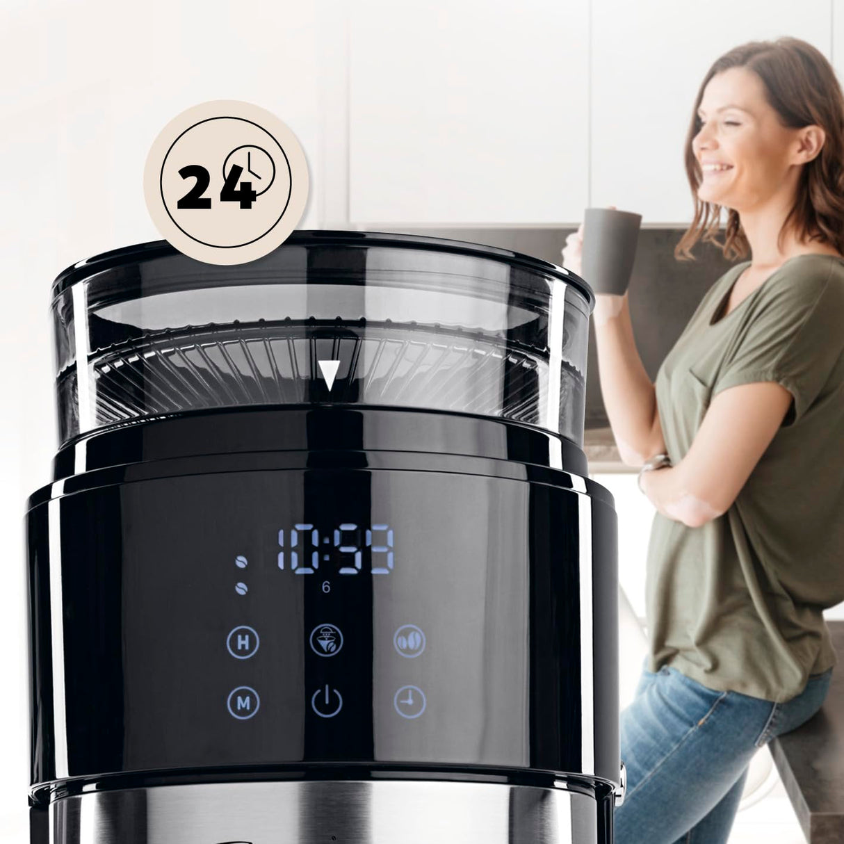 Barista Cafetera con molinillo | Cafetera de filtro con jarra de cristal | Máquina de filtro de 900 W con pantalla táctil y función de temporizador para hasta 10 tazas | Cafetera de 1,25 litros | Para