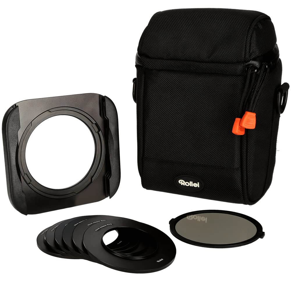 Rollei Juego de Soporte para filtros MK 3. Soporte Rectangular con Filtro CPL magnético de Cristal Gorlilla®, Anillos adaptadores de 52 a 82 mm y Bolsa de Filtro