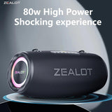 Zealot Altavoz Bluetooth Grande 80W de Potencia con Luz LED, Altavoces Inalámbricos 16000mah Batería, Autonomía de 40 Horas, Puerto de AUX, USB, Tarjeta TF, Bluetooth 5.2, IP67 Impermeable, Negro