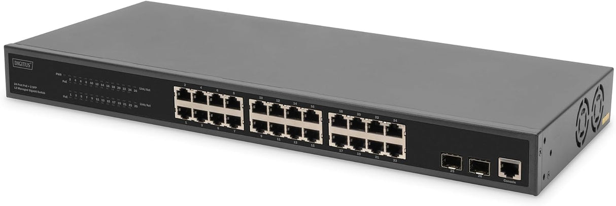 DIGITUS 27 Port Managed Gigabit PoE Network Switch - 24 Ports RJ45-2 SFP Ports - 1 Console Port - 450W PoE Budget - Features L2-19 Inch