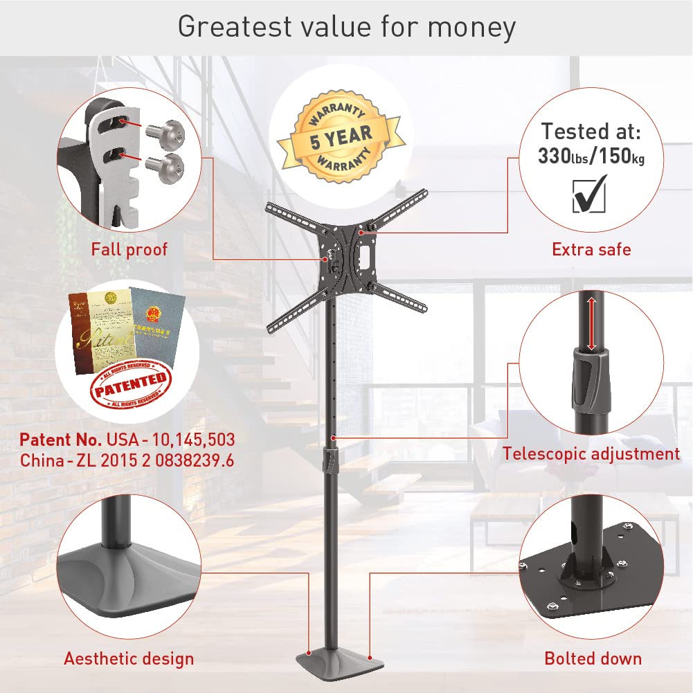Barkan Soporte TV de Suelo para Pantallas de 13-83 Pulgadas, Giratorio e inclinación y Altura Ajustable, Acabado Brillante, TV Pie, Peso máximo 50Kg, hasta VESA 600x400, Atornillado al Suelo