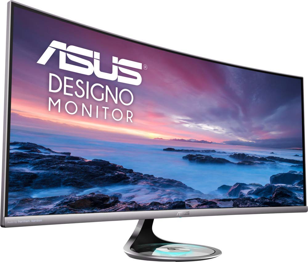 ASUS Designo MX38VC - Monitor Curvo de 38” UWQHD (3840x1600, 2300R, sin Marco, Cargador inalámbrico Qi, Sistema de Sonido Harman Kardon, antiparpadeo, Filtro de luz Azul) Negro