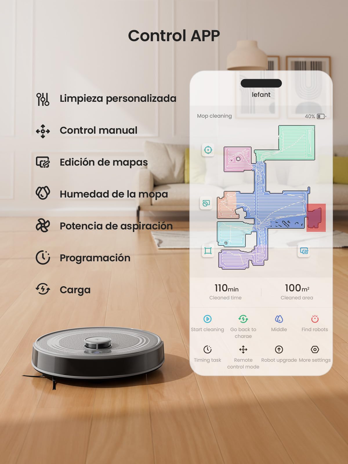 LEFANT M2S Robot Aspirador y Fregasuelos con Detección de Obstáculos 190° PSD, Navegación dToF, 240min, 10000Pa de Succión, Limpieza Personalizada, Detección de Alfombras, Mapeo Multiplanta, Gris