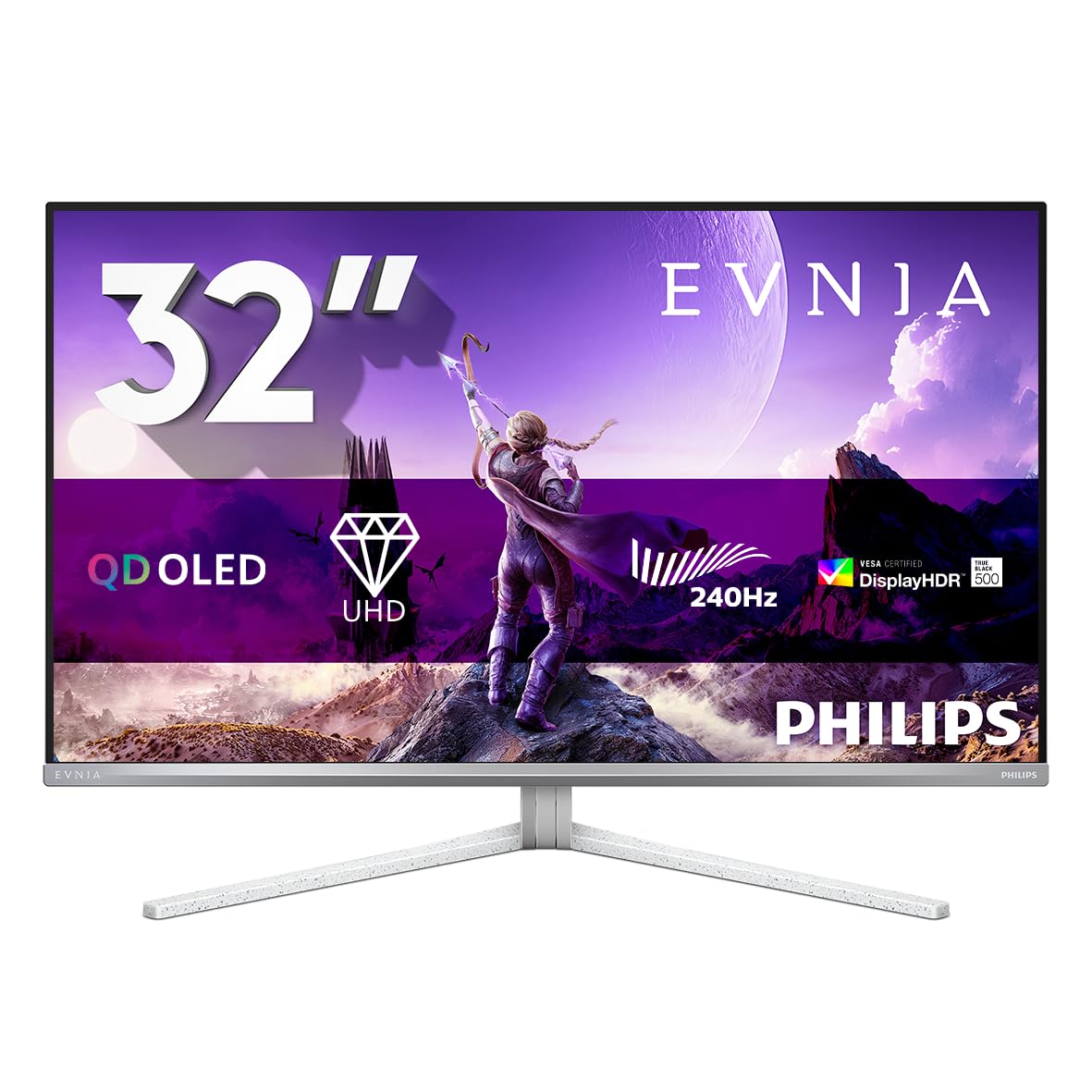 Philips Evnia 32M2N8900P Gaming Monitor 32 Pulgadas 240Hz Panel QD-OLED, 0.03msGtG, HDR500 TB, Adaptive Sync, G-Sync Comp. Altavoces, Altura Ajustable (3840x2160 HDMI 2x 2.1 DP1x 2.1 USB Hub) Plateado