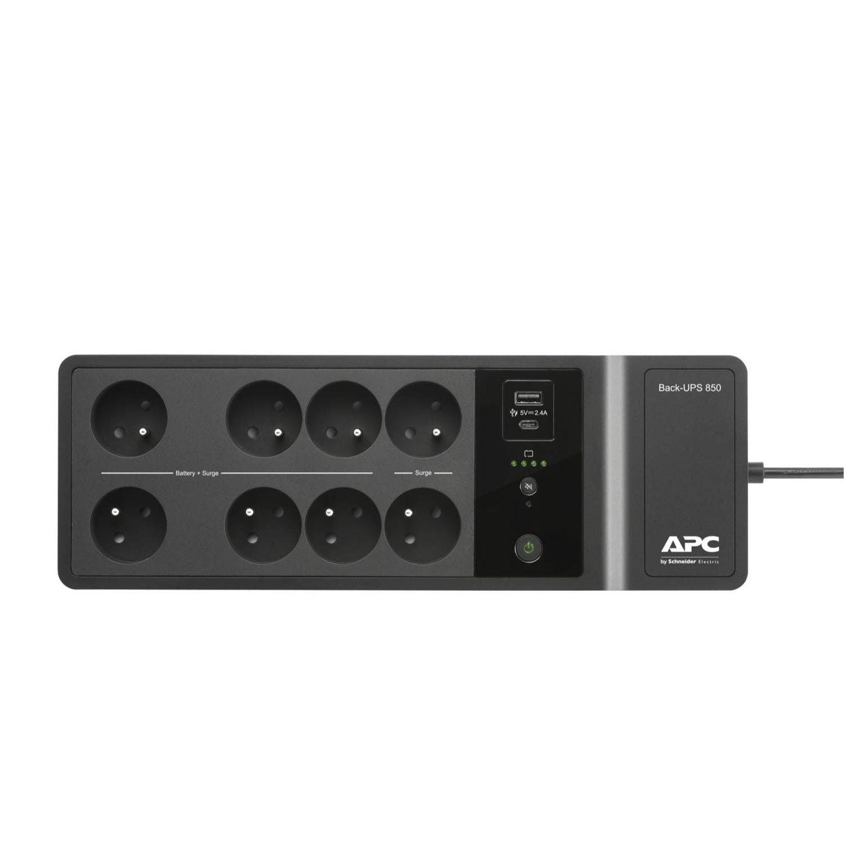 APC Back-UPS Essential BE850G2-FR - Inversor de pararrayos con batería de Respaldo de 850VA (8 enchufes, Protector contra sobretensiones, 2 Puertos de Carga USB rápidos Tipo A y Tipo-C)