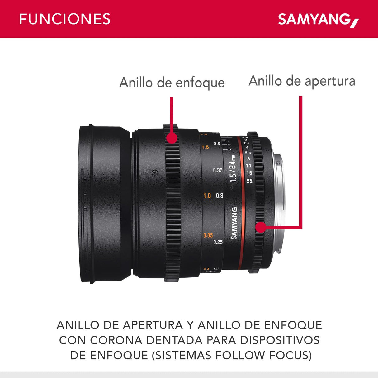 Samyang F1312806101 - Objetivo para vídeo VDSLR para Sony E (Distancia Focal Fija 24mm, Apertura T1.5-22 ED AS IF UMC II, diámetro Filtro: 77mm), Negro