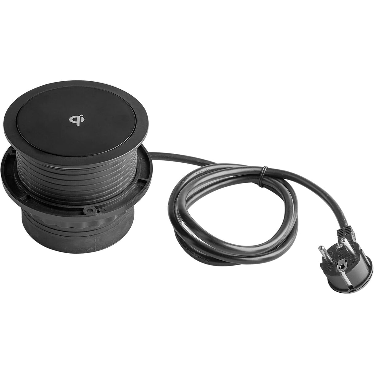 Ekotech Enchufe retráctil ET115 – Torre con función de carga QI USB-C & A y 3 enchufes Schuko 230 V, aluminio negro