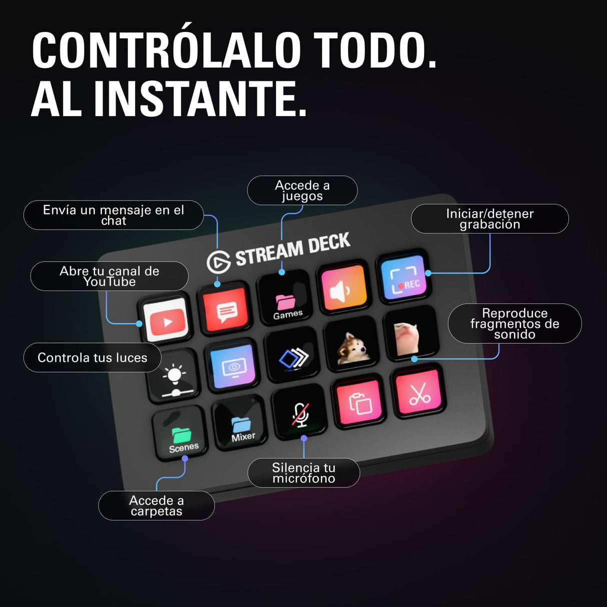 Elgato Stream Deck MK.2 – Controlador de estudio, 15 teclas macro, activa acciones en apps y software como OBS, Twitch, YouTube y otros, funciona en Mac y PC, Color Negro
