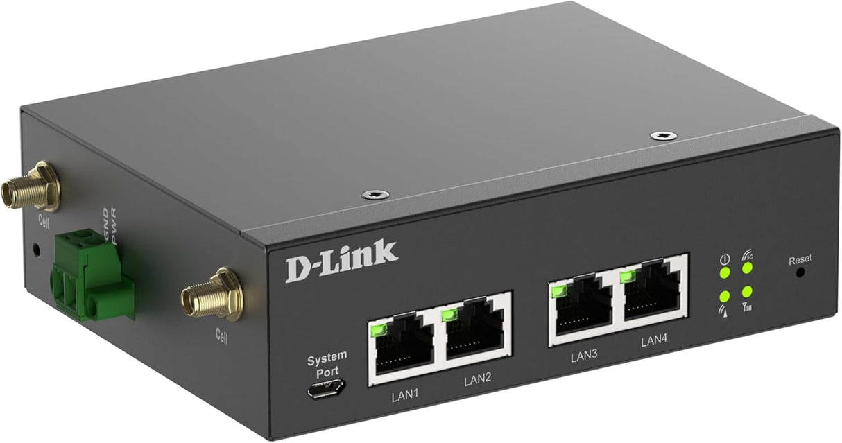 D-Link DWM-314-G Modem Industrial Router 5G VPN M2M, Rugged NR, Dual SIM, IoT Gateway, Remote Monitoring, SA, NSA, 4G LTE Cat 19, 4 GbE Ports, OpenVPN/WireGuard Client, 9-36V DC