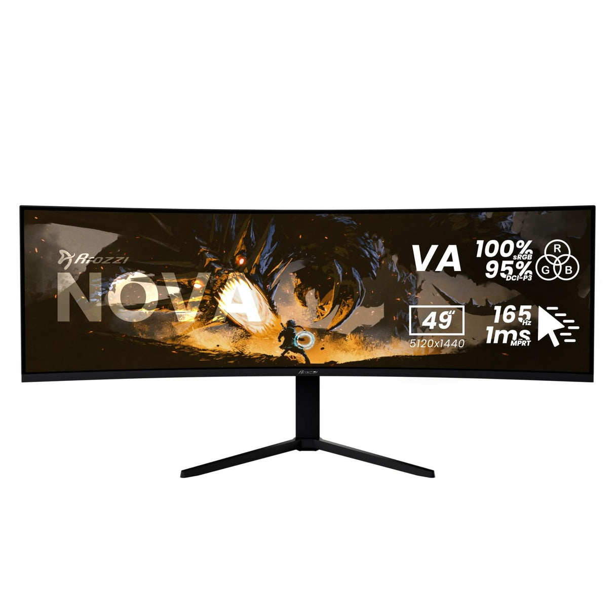 Arozzi Nova 49" Monitor Gaming Curvo VA DQHD 5120×1440, 165 Hz, 1 ms, FreeSync, HDR, USB-C 65W, Ultrapanorámico, Altavoces Integrados – Negro