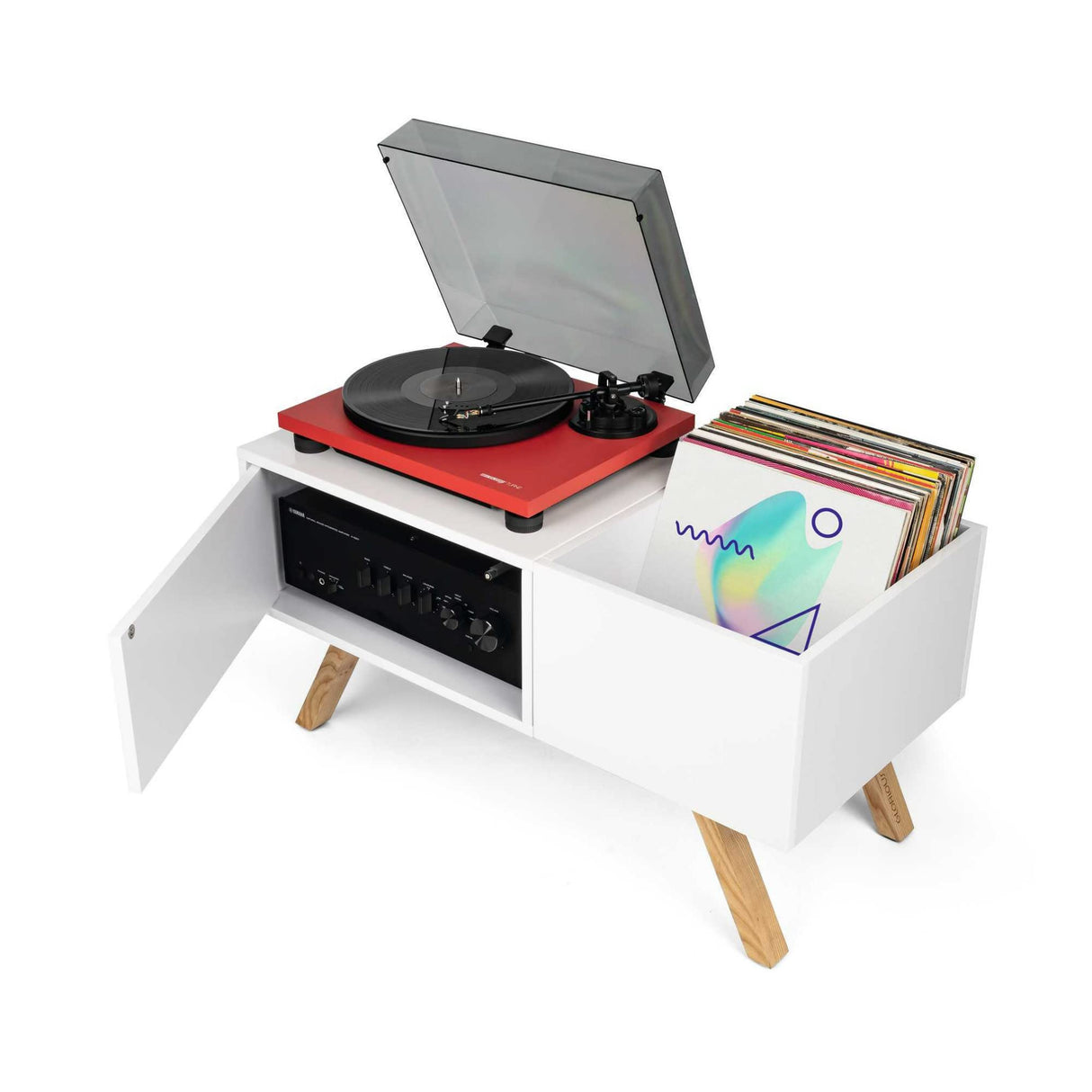 Glorious Turntable Lowboard - tablero bajo de alta calidad en diseño retro de los 60, espacio de almacenamiento para un tocadiscos y mucho espacio para los discos, blanco