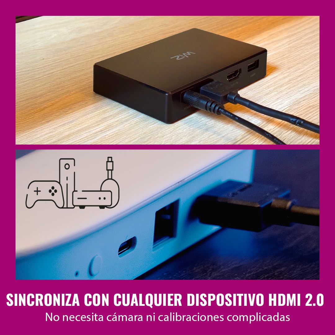 WiZ HDMI Sync Box con retroiluminación de TV - Sincroniza la luz con tus películas, juegos y música - HDMI 2.0 - Soporta 4K a 60Hz - Tira LED RGBIC para televisores de 55«-65» - Control por App/Voz