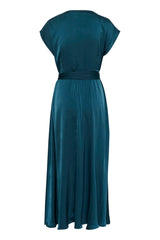 Cream Women's Maxi Dress Formal V-Neck Short Sleeves Tying Belt Ankle Length Vestido, Petrol Blue, 46 para Mujer