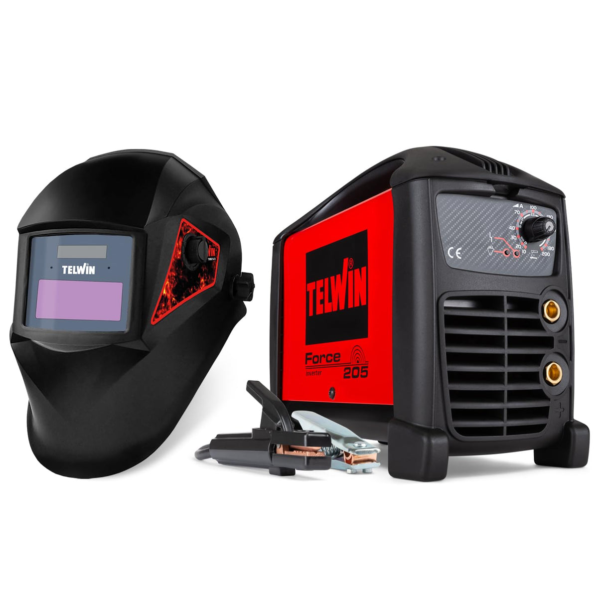 Telwin Force 205 Soldadora inverter a electrodo MMA con casque de soldadura automático y accesorios para soldadura, 200A