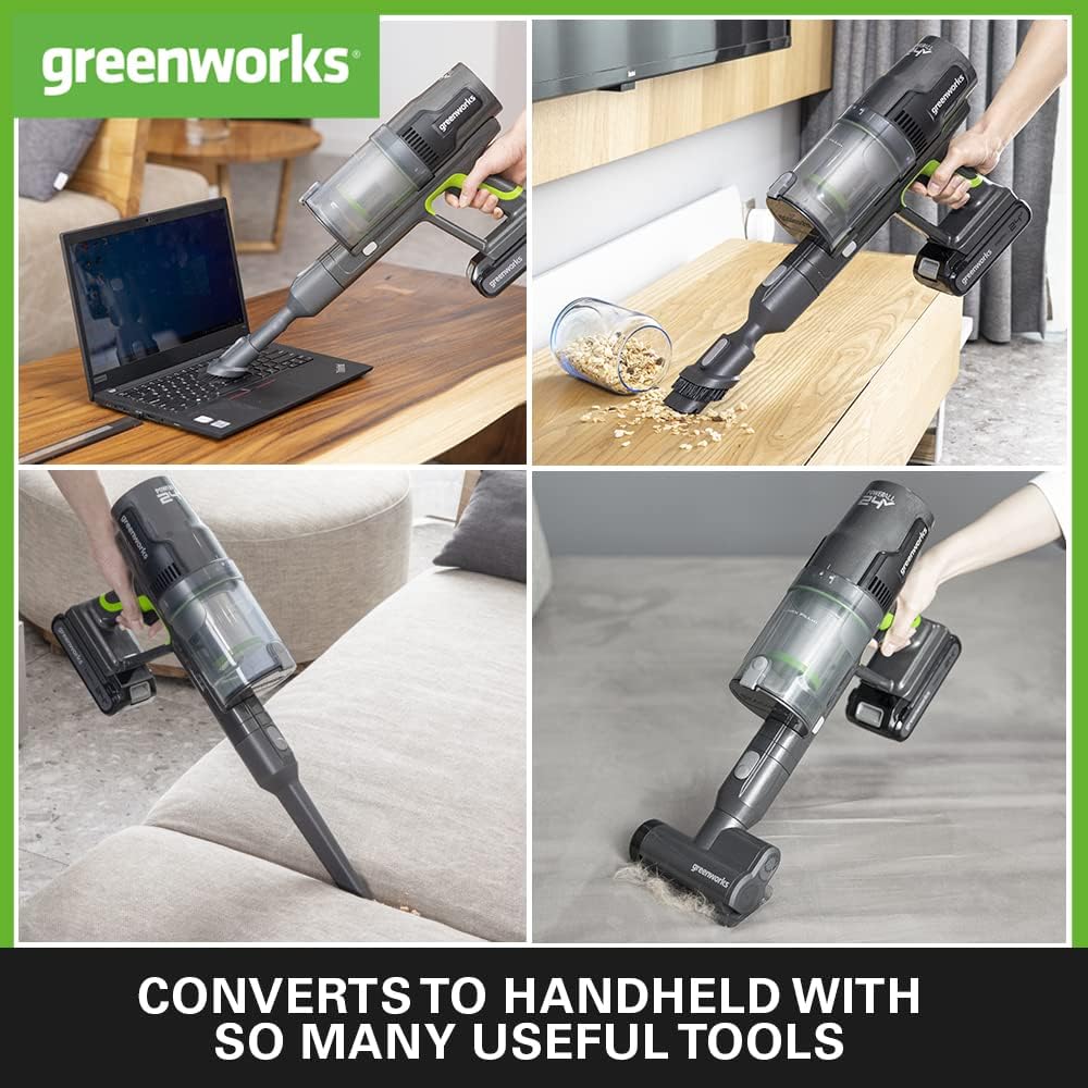 Greenworks GD24SVK4D Aspiradora sin Cable Lujosa, Succión Alta Potencia, Filtro HEPA, Pelo de Mascotas, Potencia 3 Niveles,Cargador de Pared, Garantía 3 Años