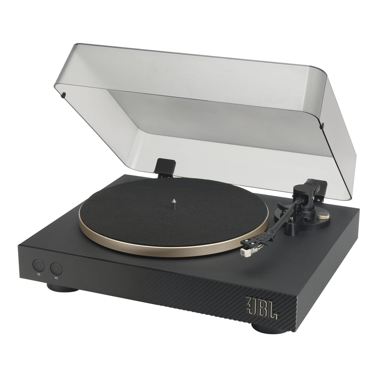 JBL Spinner BT, Tocadiscos Bluetooth con AptX-HD, cabezal extraíble, plato de aluminio y transmisión por correa, cartucho magnético móvil preinstalado, en negro y dorado