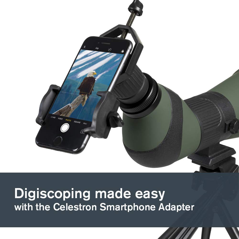 Celestron 52329 LandScout Catalejo de 80 mm en ángulo con Carcasa de Caucho, óptica Completamente revestida, Ocular con Zoom 20–60x, trípode de sobremesa y Adaptador para Smartphone, Verde